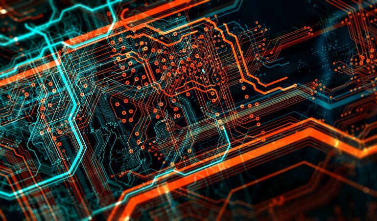 Abstract_technological_background_made_of_different_element_printed_circuit_board_and_flares._Depth_of_field_effect_and_bokeh._3d_Illustration