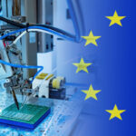 Microelectronics_production_in_European_Union._PCB_making_machine._Microelectronics_in_Europe._Automated_soldering_machine_for_microelectronics._PCB_manufacture_in_European_Union._EU_flag._3d_image.